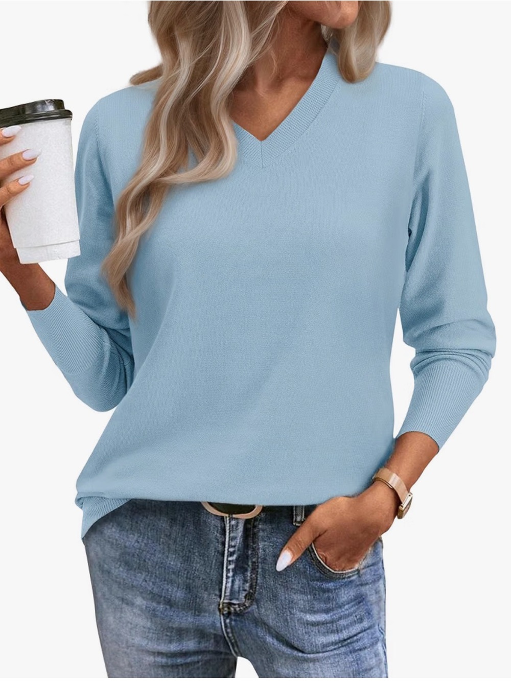 Women’s Small Light Blue V Neck Sweater Soft Knit Viscose Blend Pullover